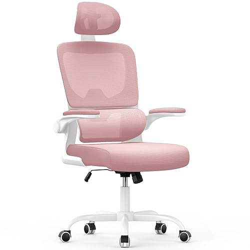 Chaise de Bureau Ergonomique: Fauteuil Bureau avec Support Lombaire en C,Dossier et Appui-tête Réglables,Reversible Armrest,Siege en Maille Respirante Convient à la Maison Bureau ,Lecture,Rose - Pink - avec Appui-tête