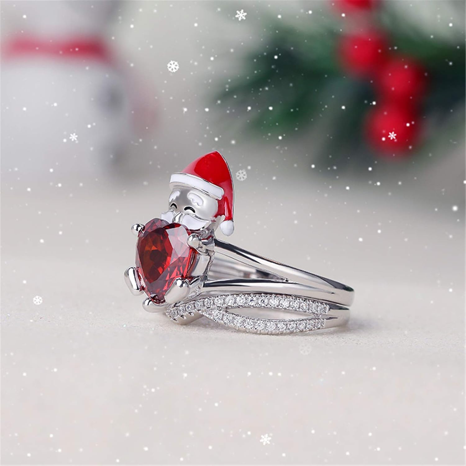 Jeulia "Santa Claus Heart Cut Sterling Silver Ring Set for Women Wife Girlfriend Engagement Wedding Anniversary Christmas Birthday with Jewelry Box