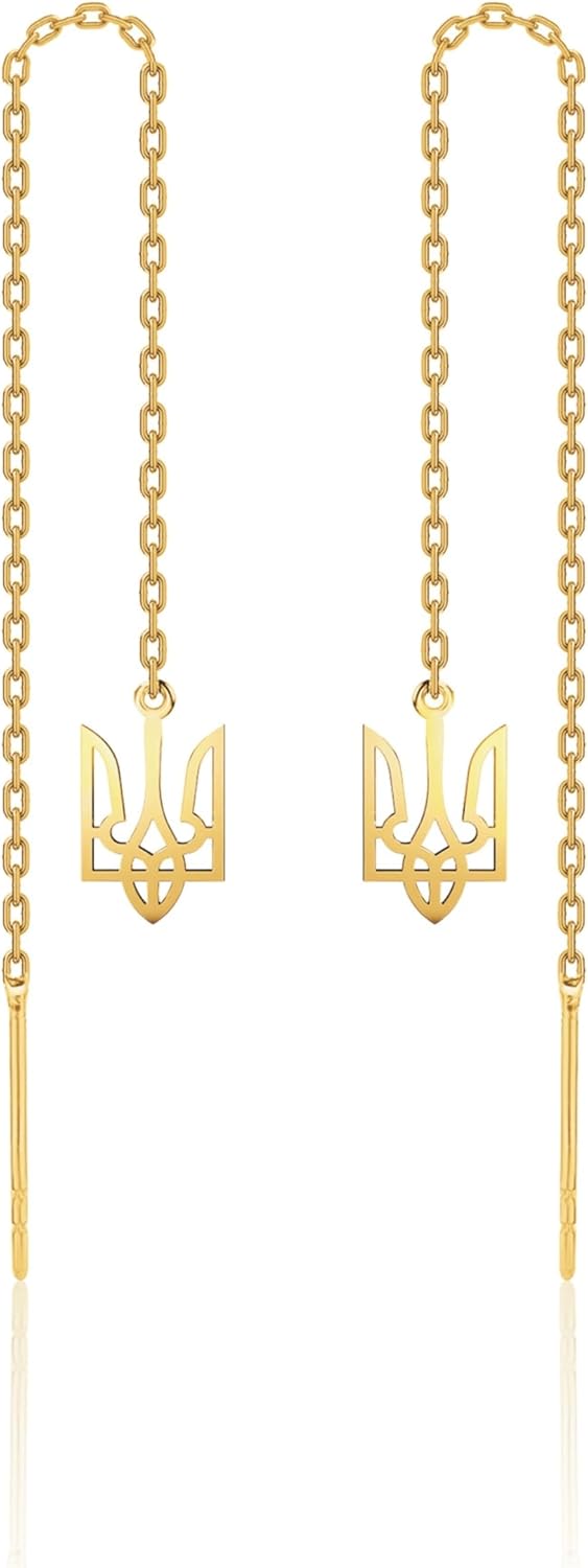 925 Sterling Silver Earrings Trident Threader for Women | Minimalist Chain Double Piercings | Dangle Ukraine Earrings (Gold-plated sterling silver)