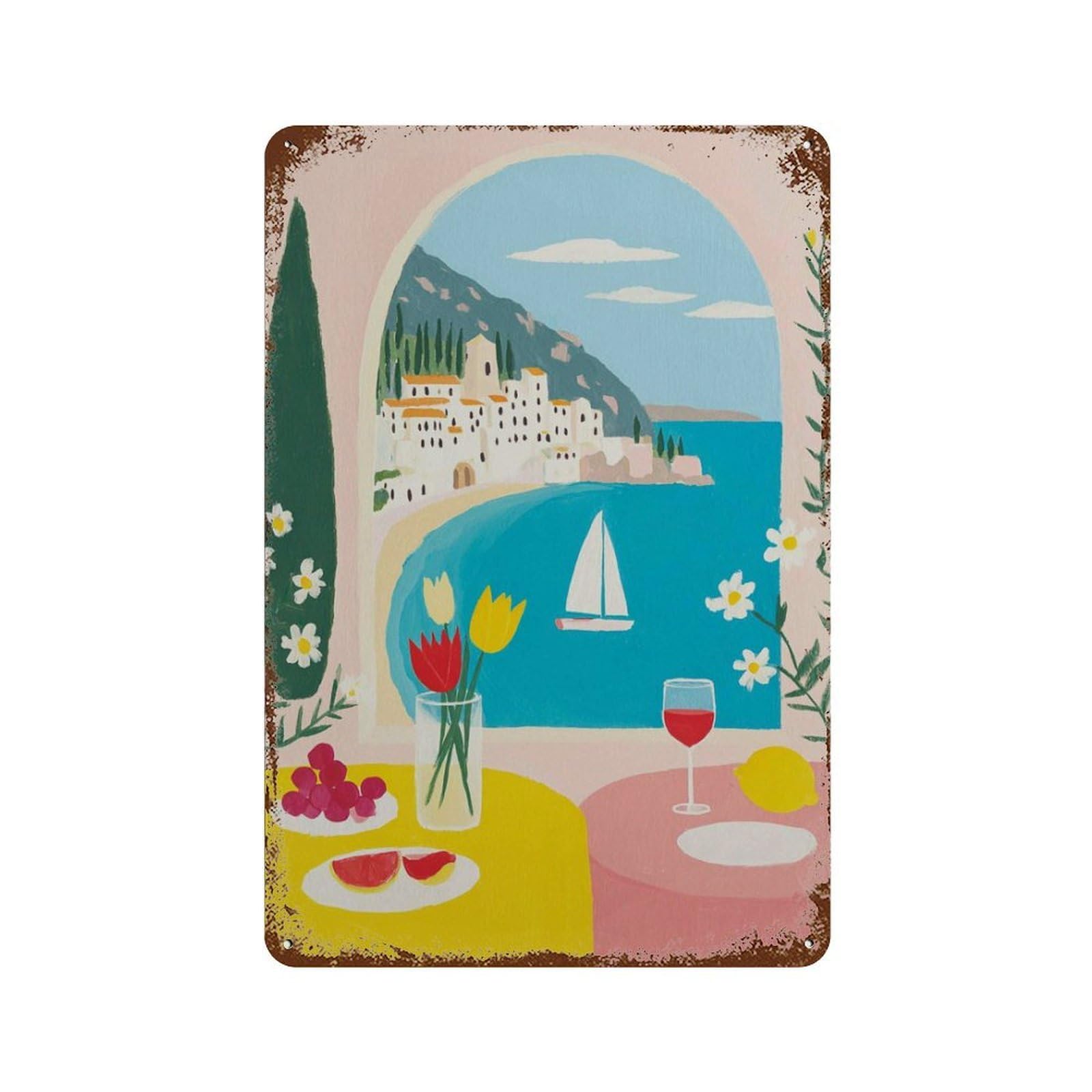 xiaoxiaoshen Amalfi Coast Mediterranean Colorful Coastal Italian Seaside Summer Travel Work Wall Decor Art Metal Tin Poster Modern Home Decor Art Home Bar Shop Decorations Vintage Sign 30x20cm