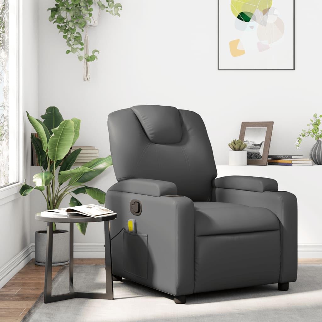 Festnight Sillón Masaje Reclinable Sillón Masaje Eléctrico Sillon Relax Reclinable Sillon Reclinable Manual Sillón Relax de Cuero Sintético, con Prácticos Portavasos y Bolsillo, Gris