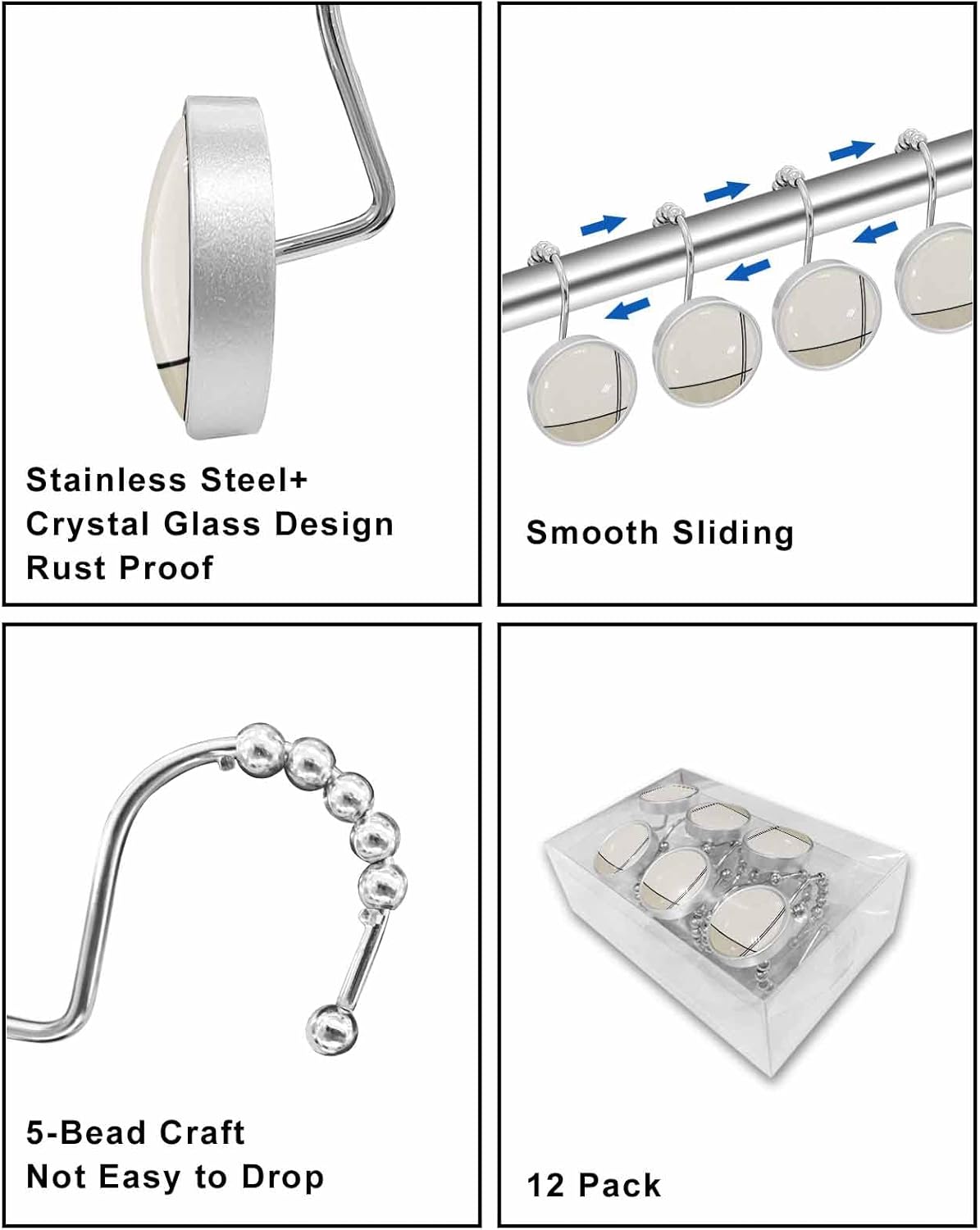 Shower Curtain Hooks 12 Pcs, Abstract Gemoetric Art Beige Color Block Stainless Steel Rust Proof Rolling Shower Curtain Rings, Decorative Shower Curtain Hooks Hangers for Bathroom, Bath Ball