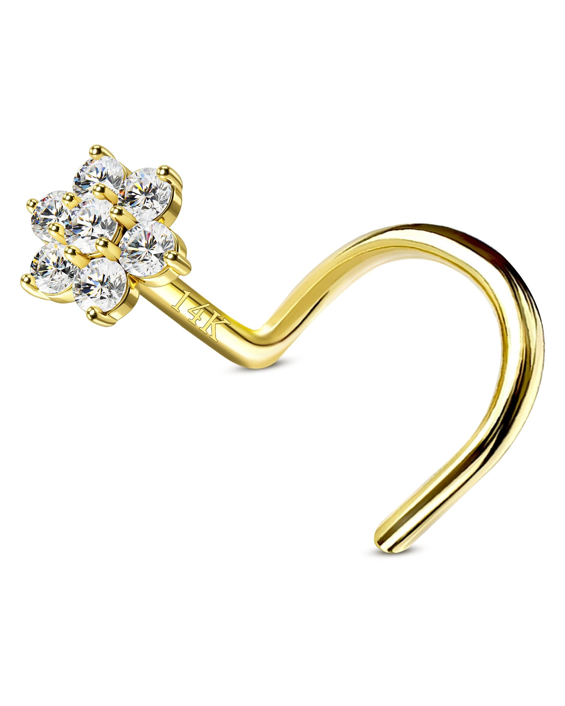 CM Crareesi Mania 14K Solid Yellow Gold Nose Stud 20 Gauge Nose Screw Nose Ring Flower CZ Stone Prong Set 4mm Diamond L Shaped Nostril Nose Piercing Jewellery Real Yellow Gold for Women Men