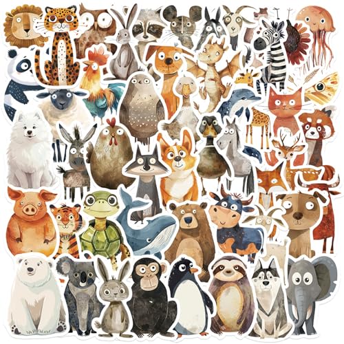 Dewocke Pegatinas de Animales Ilustración, 50 Piezas Set Impermeables, Pegatinas para Niños, Decoración para Portátil, Maleta, pegatinas de Dibujos Animados para Scrapbooking (Ilustración animados B)