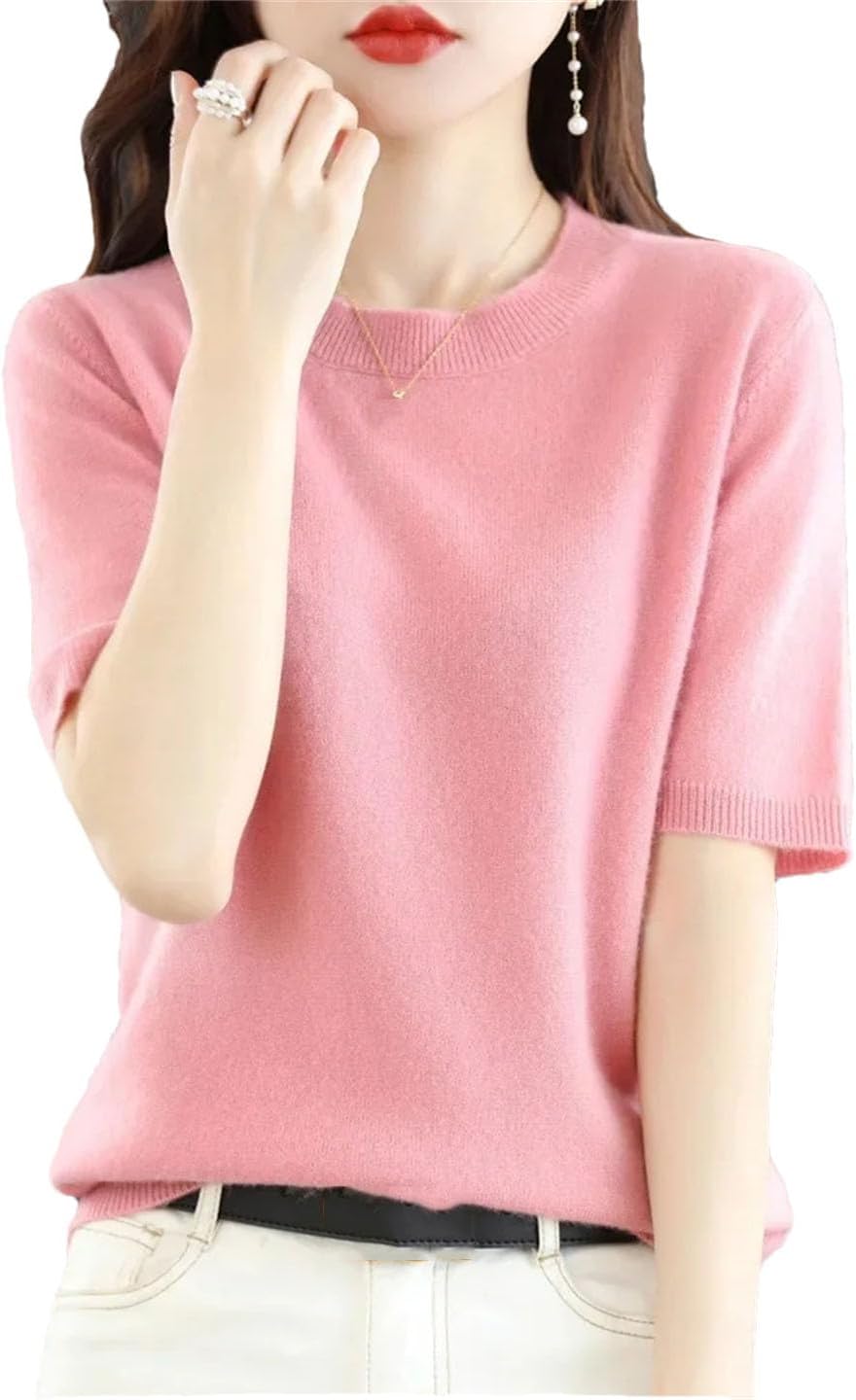 Women's Spring Knitted Base Layer Shirt Half High Collar Short Sleeve Slim Fit Warm Inner Wear Mid Sleeve Top