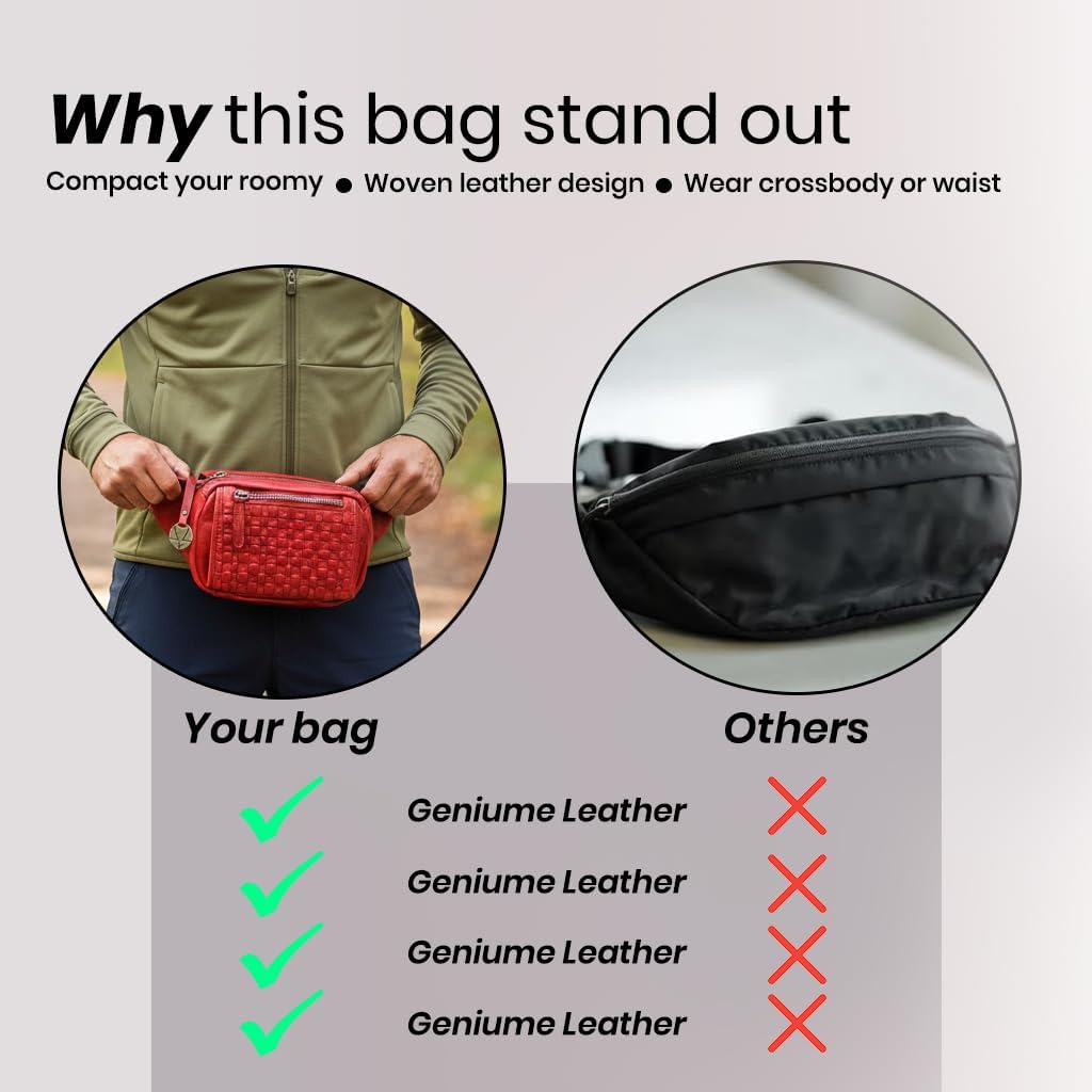 Genuine Leather Waist Bag Unisex, Waist Bag for Travel Trendy Casual Travelling Essentials Kept Bag Stylish, Durable, and Secure Travel Companion(VL-094-RED)