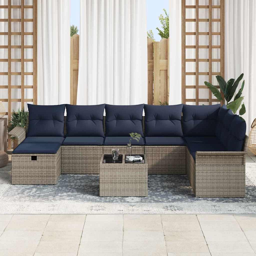 Juego de 9 muebles de jardín con cojín, color gris y azul marino, mesa de polirratán, altura regulable, espacio de almacenamiento, para terraza