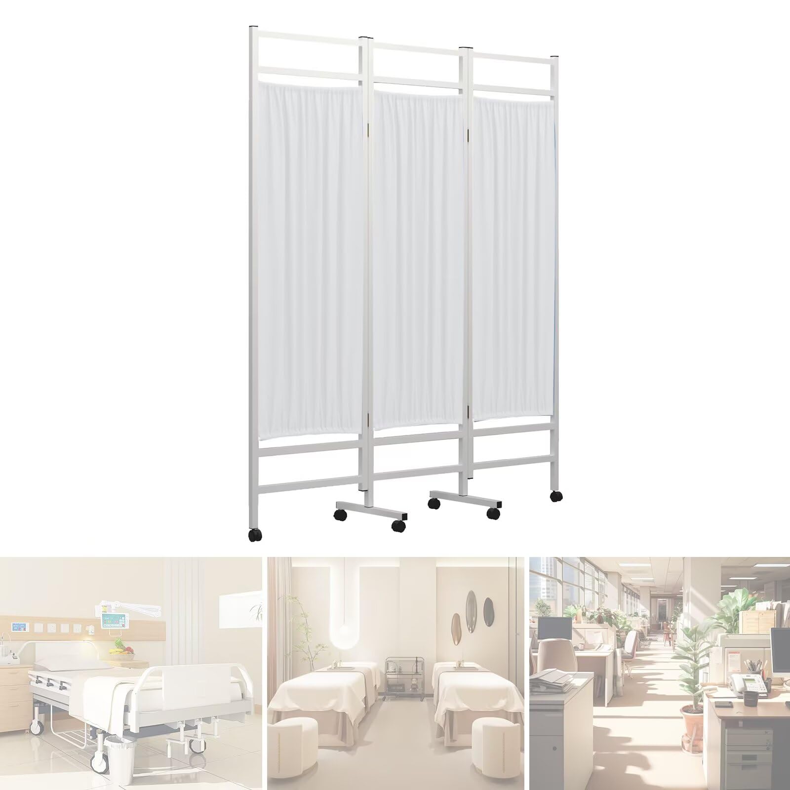 Medical Privacy Screen on Wheels, Foldable Medical Room Divider with Lockable casters, Waterproof Nylon Panel, Portable Privacy Screen for Room, Easy to Clean (White 3 Panels)