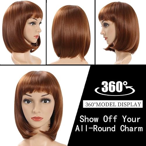 Miniatura 2 de Peluca marrón Bob con flequillo, 12 pulgadas, peluca sintética de moda natural para mujer, bonita peluca sintética de colores para fiesta diaria de