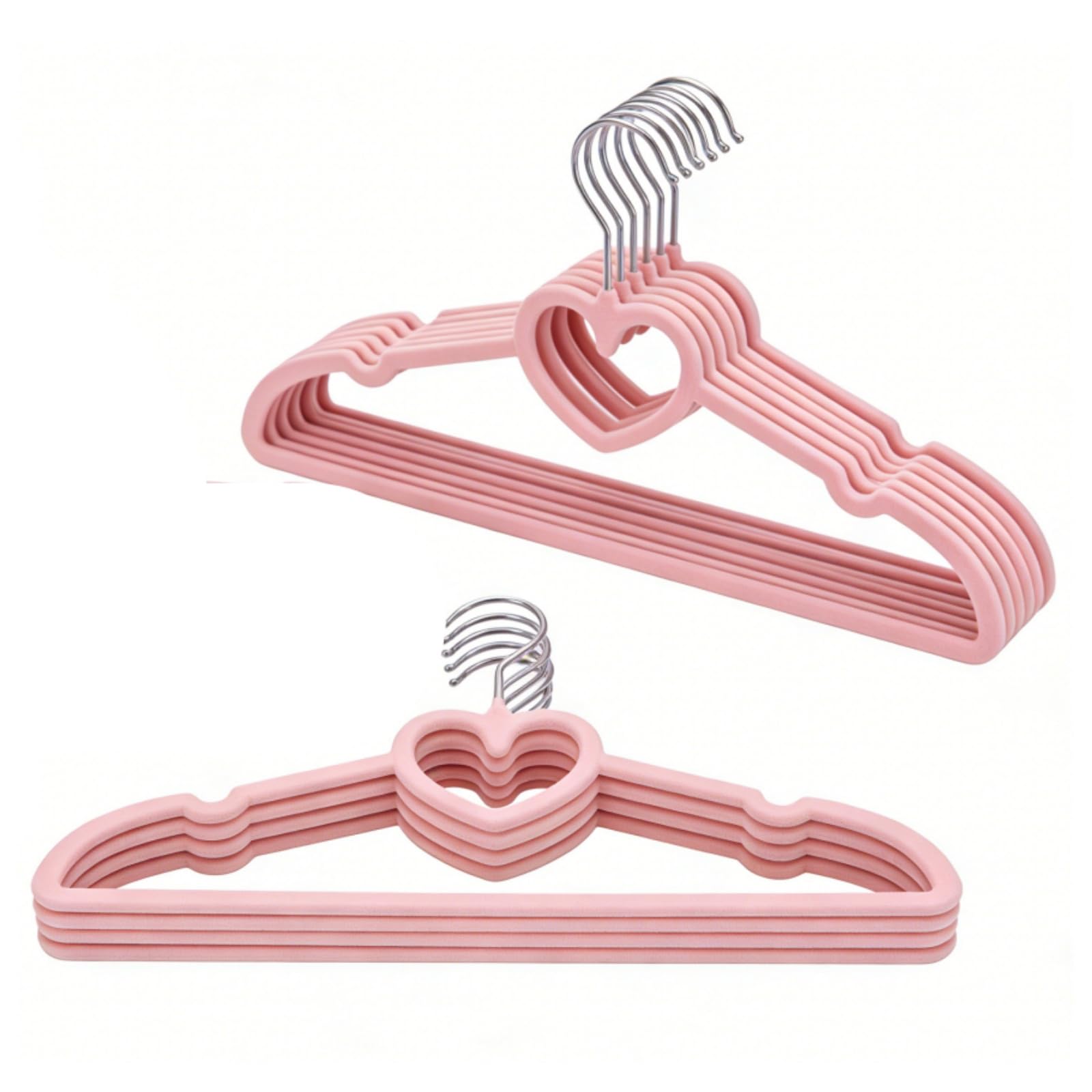 Fazanwey Pink 10Pcs Velvet Clothes Hangers Heart Shape Cutout Hangers With 360° Swivel Hook,Non Slip Felt Hangers With Notched Design (10, )
