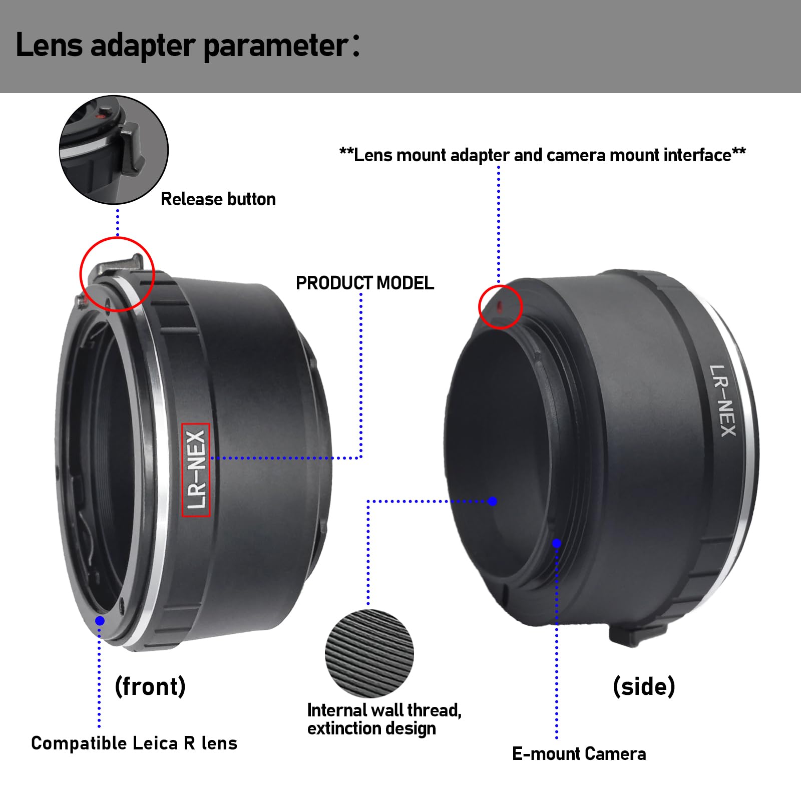 LR-NEX - Adattatore per obiettivo Leica L/R, compatibile con fotocamera E-mount, NEX-3, NEX-C3, NEX-F3, NEX-3N, NEX-5, NEX-5N, a3000, a7, a7S, a7R, a7II, a7RII; LR to NEX Lens Adapter
