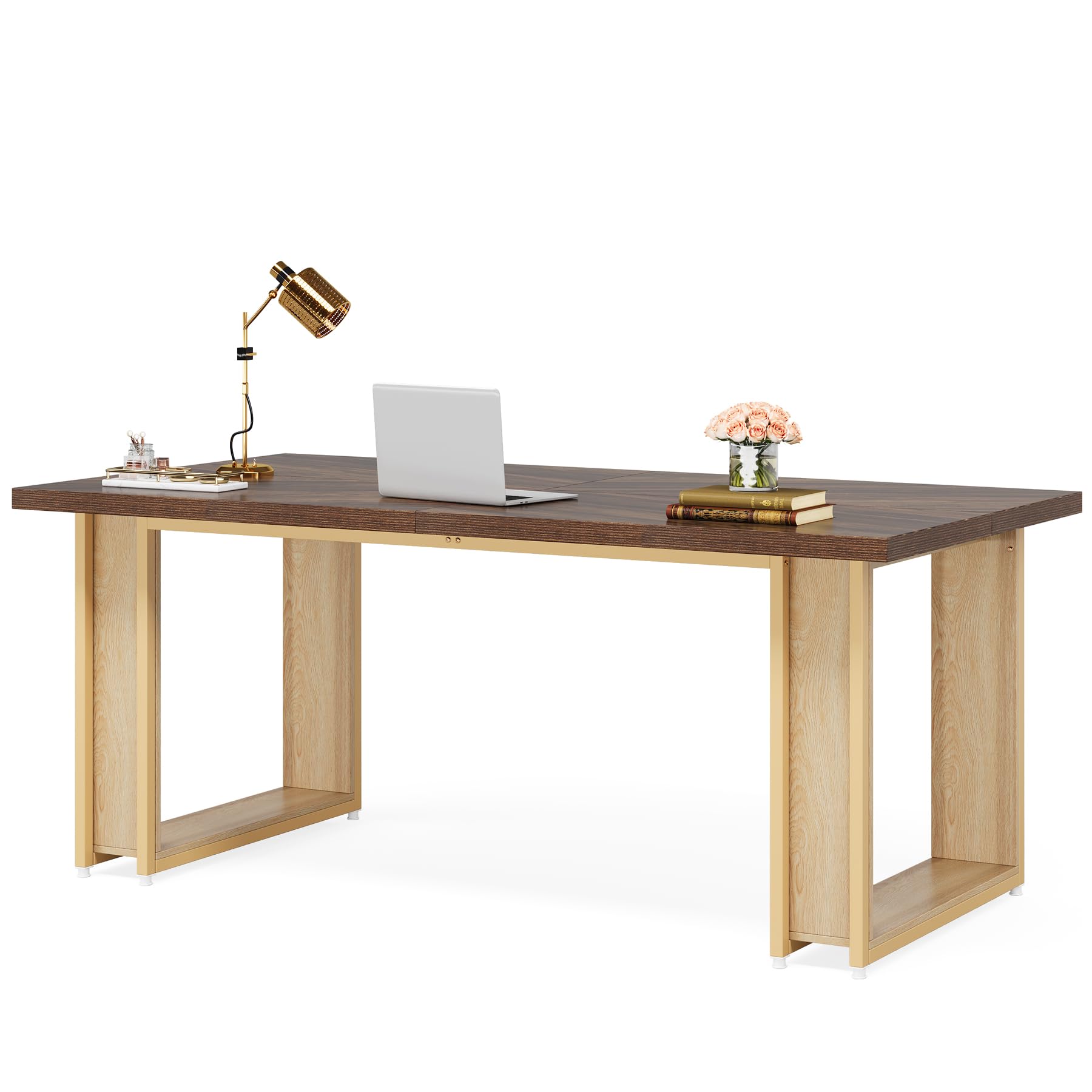 Tribesigns Scrivania da 160 cm, per ufficio, in legno, semplice tavolo da ufficio, grande scrivania rustica, marrone, spazio di lavoro aziendale, con telaio in metallo stabile
