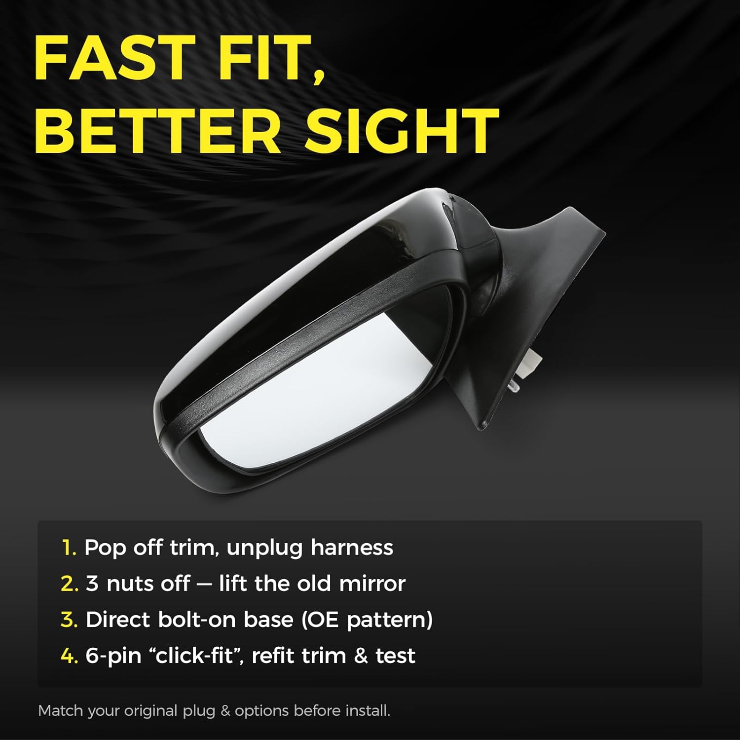 Driver Side Mirror (Left/LH) Compatible with Hyundai Elantra 2014-2016, Power, Heated, Manual-Folding, w/Turn Signal, 6-Pin Connector, Black Housing, Replaces 876103Y510, HY1320209