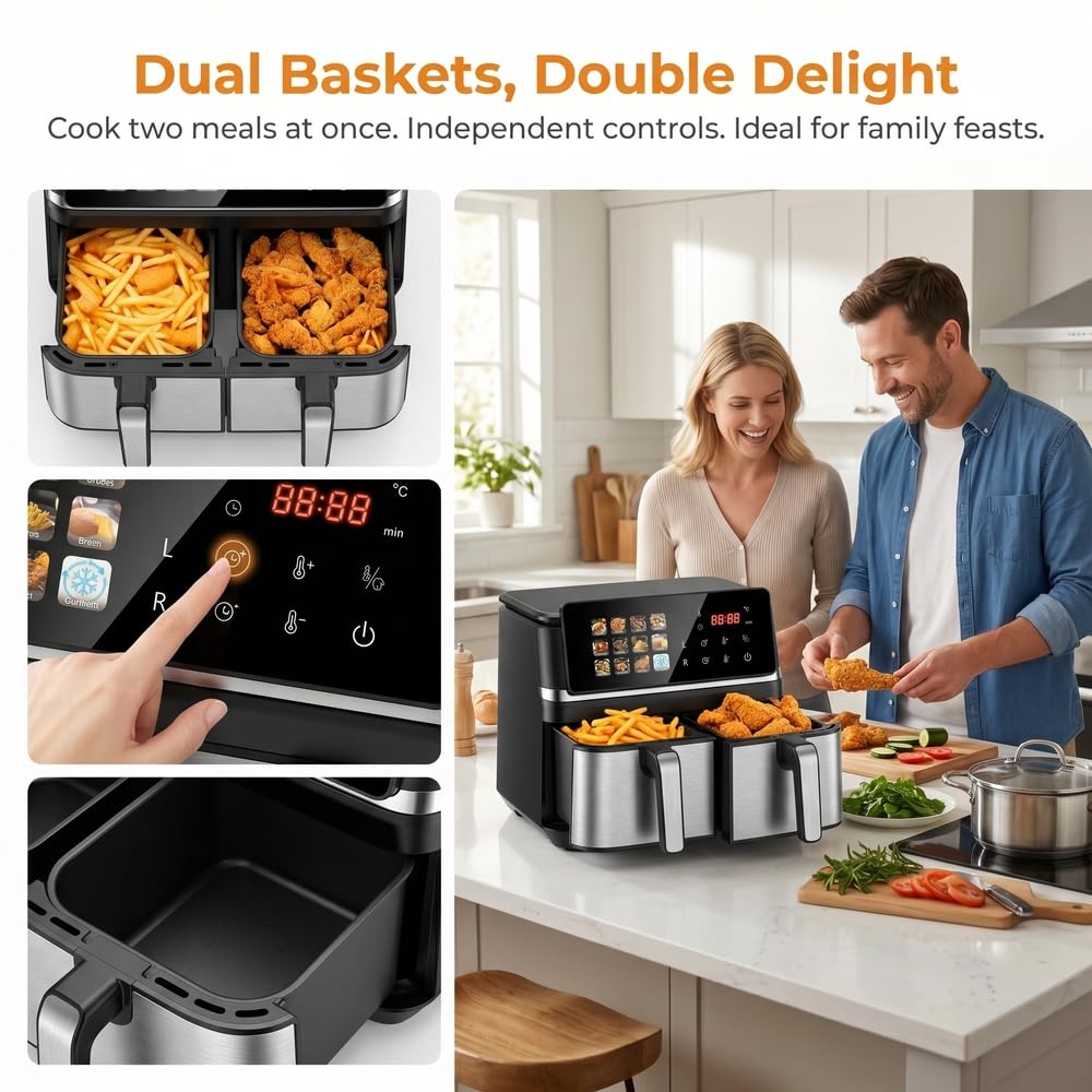 Air Fryer Grande 5+5 Litros, Freidora de Aire de Doble Cesta Airfryer con Ventana,Multifunción 12 en 1, Revestimiento antiadherente apta para lavavajillas e incluye un obsequio
