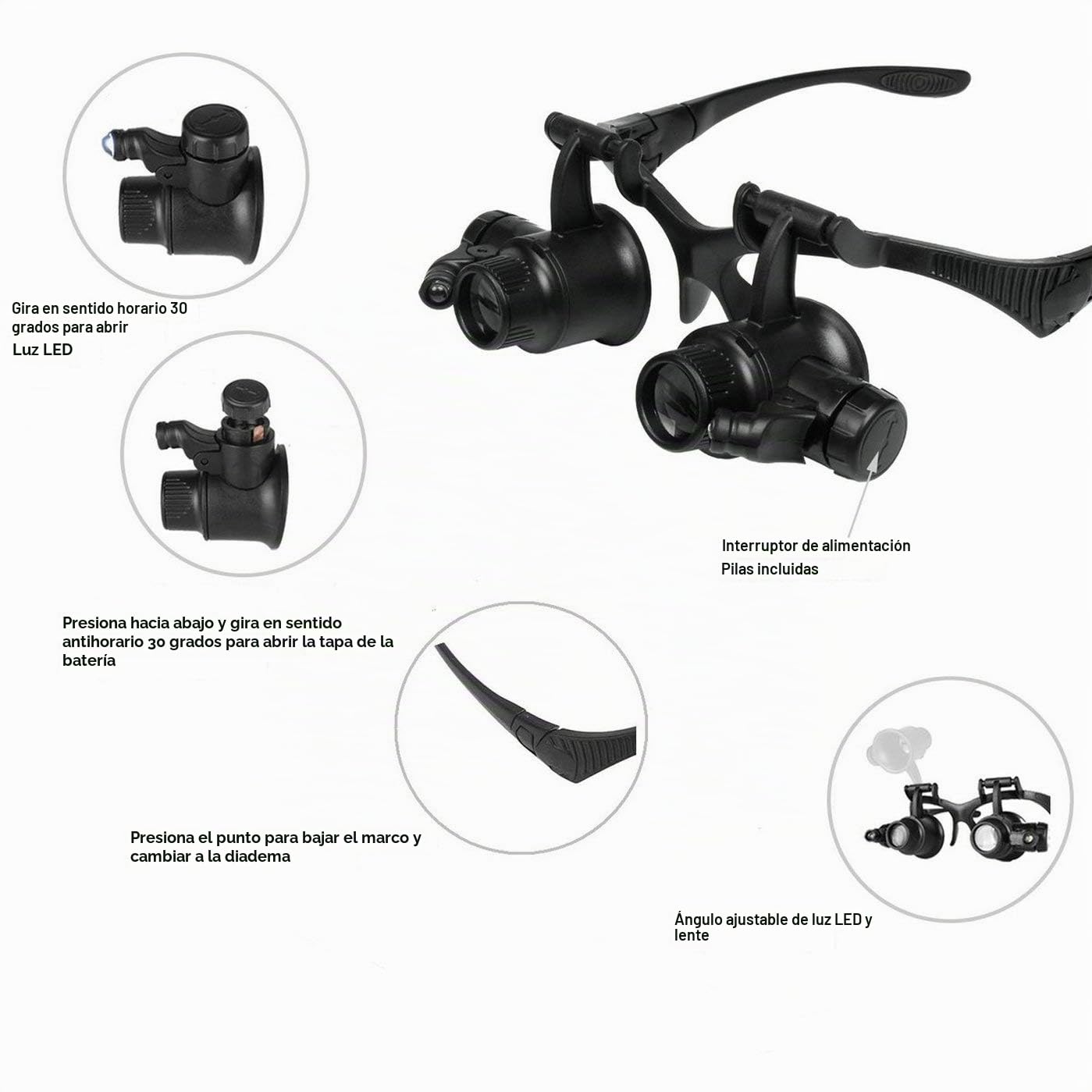 GuDoQi Lupa con Luz LED, Lupas de Gran Aumento, 8 Lentes Intercambiables, Luz 2 LED, Lupa Lectura para Reparaciones, Modelismo, Coser,Soldadura, Joyería y Relojería (2.5X 4X 6X 8X 10X 15X 20X 25X)