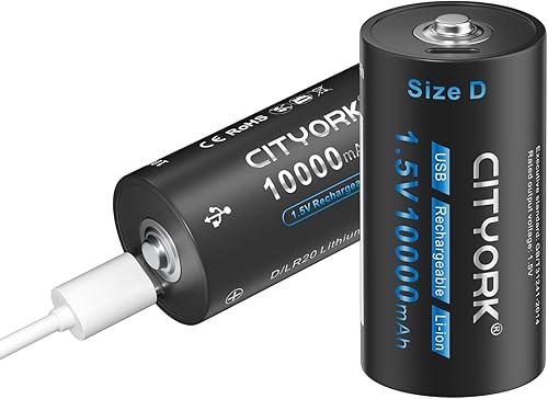 CITYORK Paquete de 2 baterías de litio recargables USB de 10000 mAh, puerto USB tipo C, batería de iones de litio de 1.5 V de salida constante,