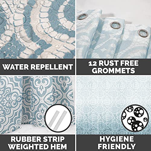 Lynxtex Teal Blue Shower Curtain - Polyester Fabric Waterproof Weighted Hem Farmhouse Boho Shower Curtain Set With 12 Hooks For Bathroom Decor – 72 X 72 Inch - Ombre Damask #TOP1