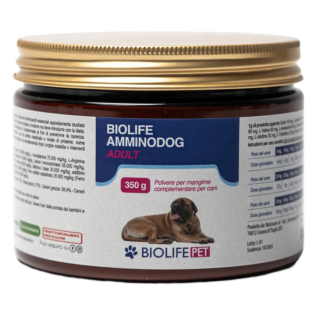 Biolife Nutraceutica AmminoDog Adult - Integratore per Cani taglia grande,Calcio,Amminoacidi,Mangime complementare,Integratore per Cani adulti, Polvere (350 g)