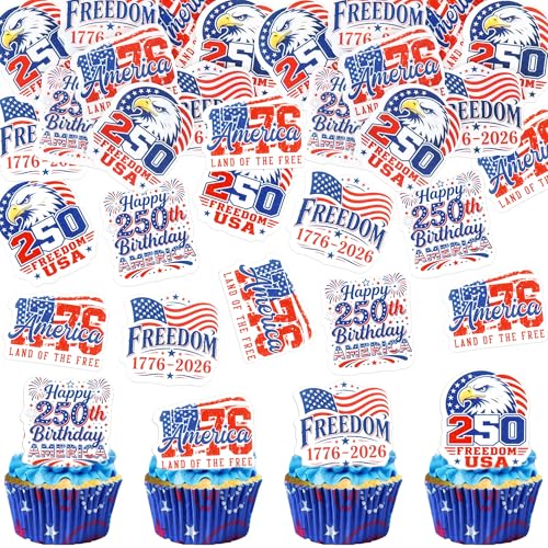 40Pcs Edible Happy 250th Birthday America Cupcake Topper Freedom Since 1776 Cupcake Picks Party In USA Food Picks for 2026 Independence Day Cupcake Decorations America Birthday Party Supplies