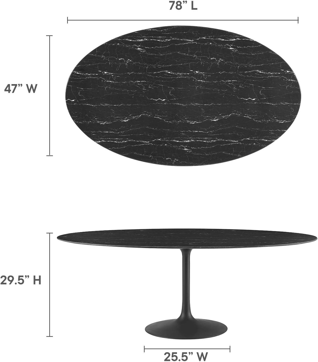 Black Oval Artificial Marble Dining Table with Metal Pedestal Base