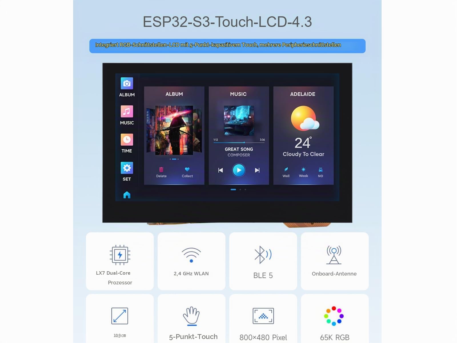 ESP32-S3 4.3inch Capacitive Touch Display Development Board with 2.4GHz WiFi and BLE 5 Support,32-bit LX7 Dual-core Processor,Integrates High-Capacity Flash and PSRAM