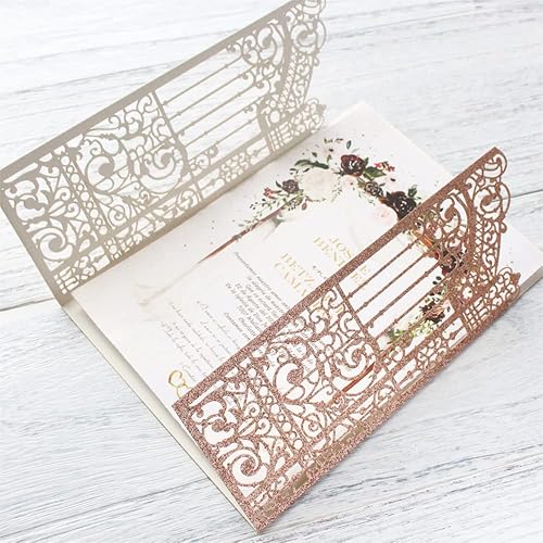 Miniatura 6 de Diseño de puerta de invitaciones de oro rosa hueca brillante para bodas, compromisos, sirena, 25 juegos (oro rosa, 4.9 x 7.1 pulgadas)