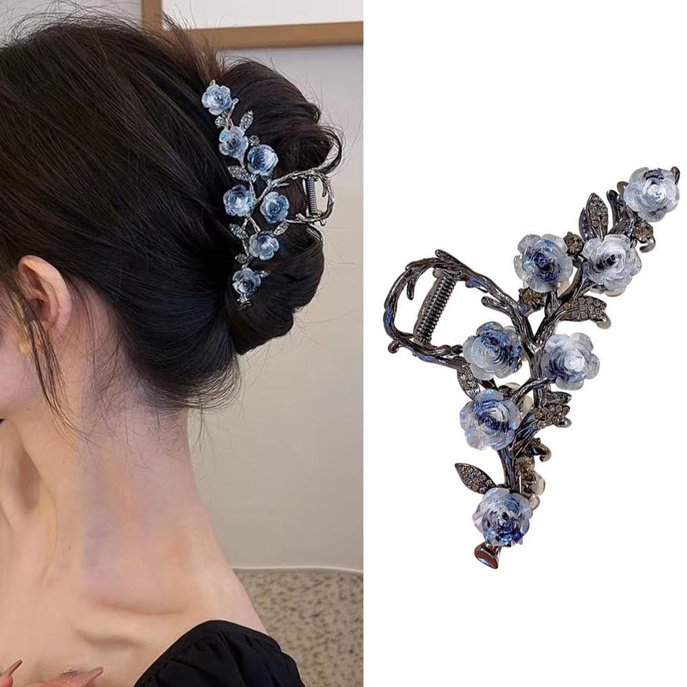 S.A.V.I Elegant Blue Rose Hair Clutch Clip for Women & Girls | Floral Design with Crystal Accents | Durable Metal Hair Accessory | Stylish Party & Daily Looks | Trendy 12cm x 5.7cm Hair Clip