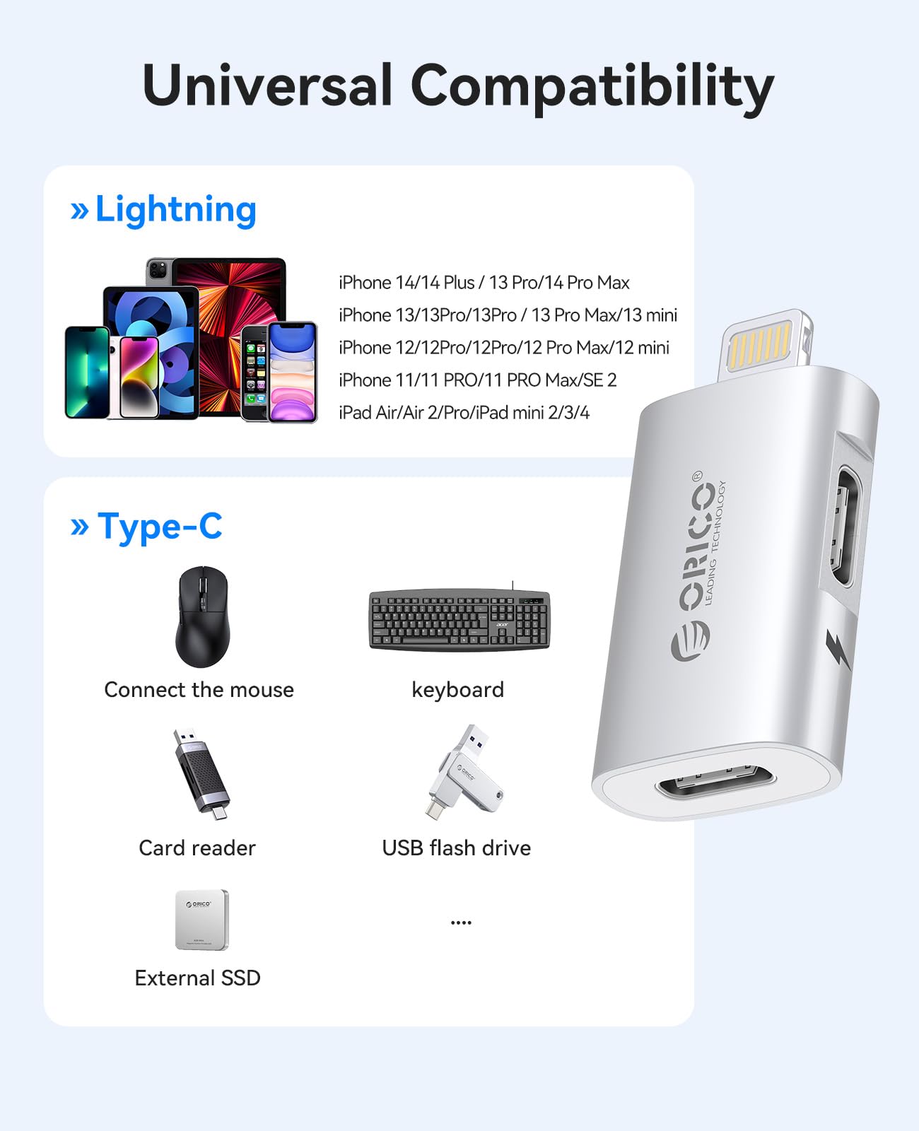 ORICO USB C femmina a Lightning maschio per iPhone 14/13/11/12 Pro Max, compatibile con caricamento, supporto funzione OTG per la trasmissione dati e connessione a SSD esterni - LC10