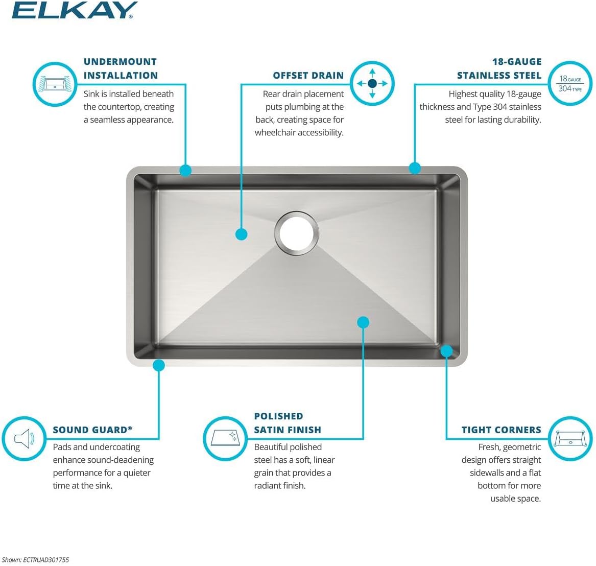 Elkay ECTRUAD301755 Crosstown 18 Gauge Stainless Steel 31-1/2" x 18-1/2" x 5-1/2" Single Bowl Undermount Sink