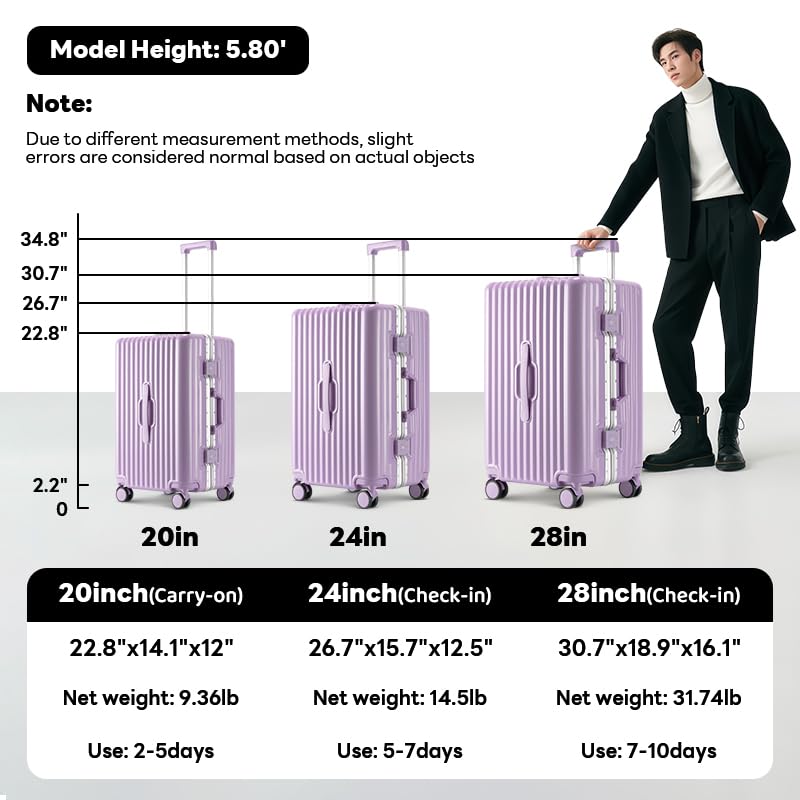2-Pice Luggage Set 20/24, Aluminum Frame Luggage Set with Cup Holder & Charge,TSA Lock,Hardshell, Zipperless Design, Carry-On and Checked Luggage, Unisex (Model B – Light Purple, 20+24inch)2