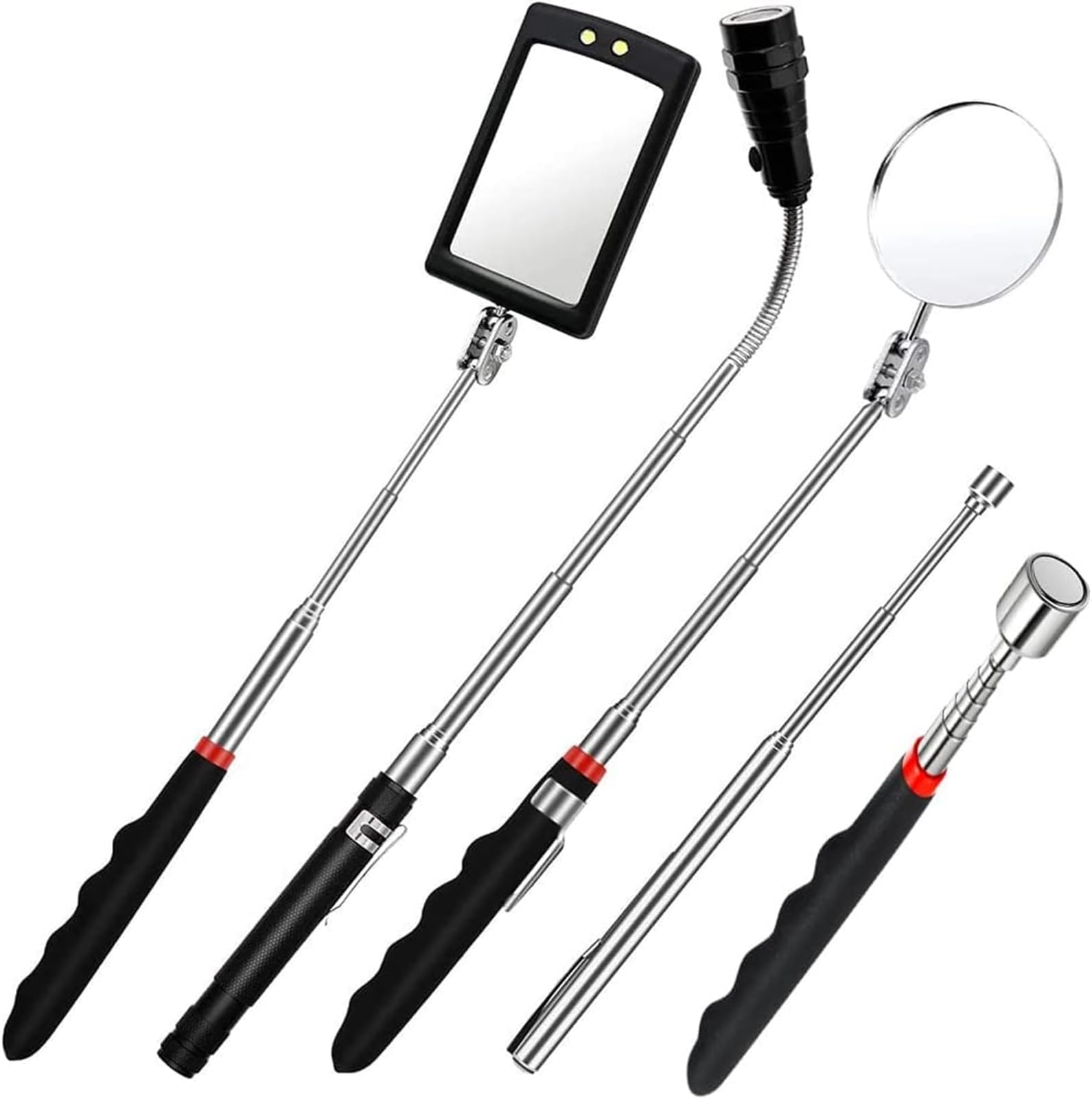 Telescopic Magnetic Pickup Tool Set,5Pcs Led Magnetic Telescoping Pick Up Tool - Telescoping 1lb Pickup Tool, 15lb Pickup Tool, 360° Swivel Square & Round Inspection Mirror, Magnetic Torch Flashlight