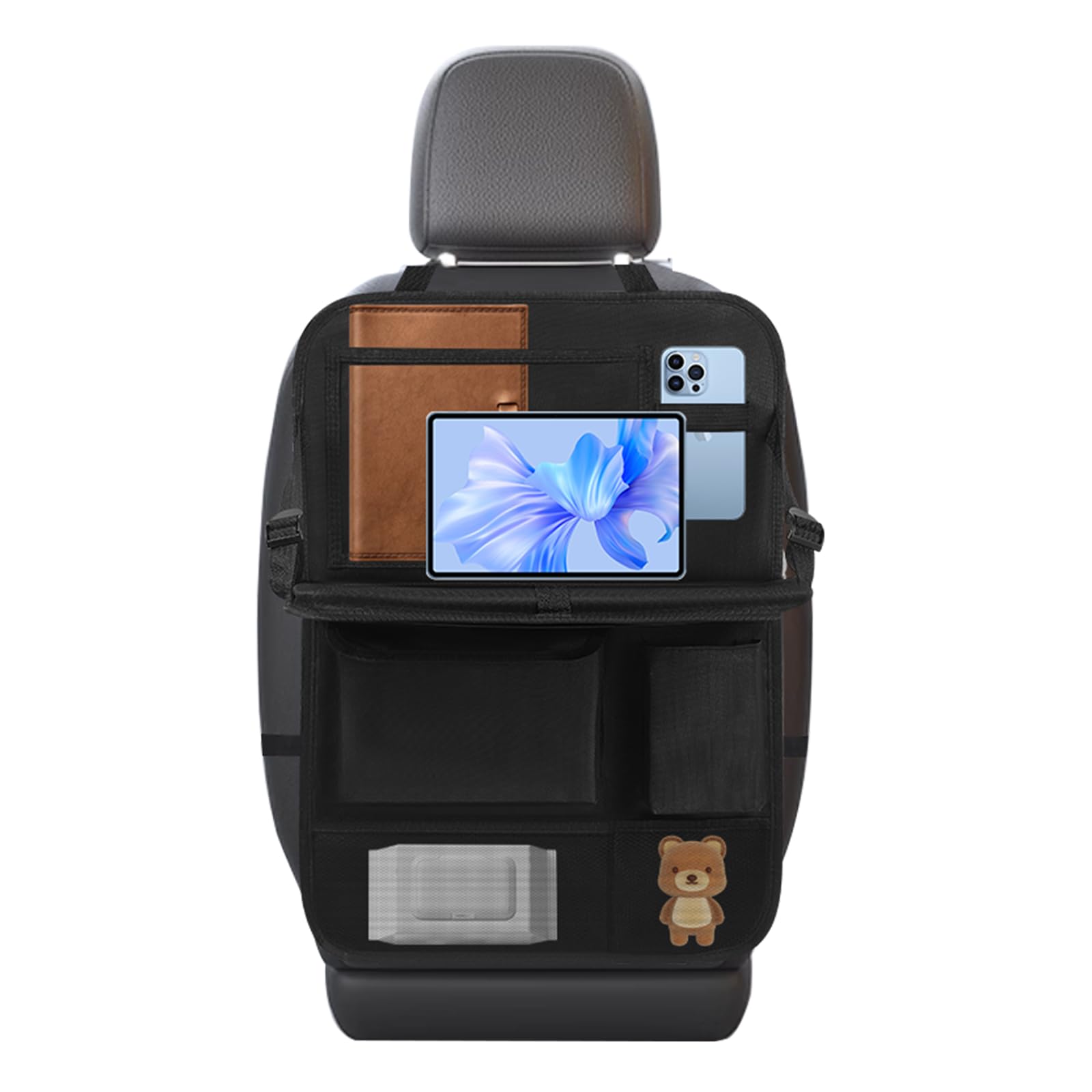 ARANA Car Backseat Organizer with Tray, 6 Pocket Seat Back Organizer with Tablet Holder, Oxford Fabric Car Back Seat Kick Protector with Foldable Food Tray for Kids Travel Accessories-Black, 1PC