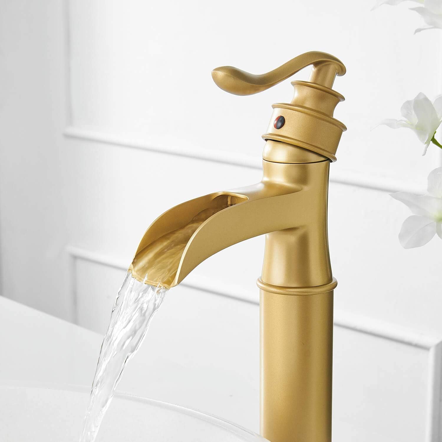 Holiday Deals 🛒 Homevacious Bathroom Vessel Sink Faucet Brushed Gold Brass Waterfall Tall with Pop Up Drain Counter Top Single Hole Mount Bath Lavatory One Handle Faucets Without Overflow Basin Mixer Tap Supply Line