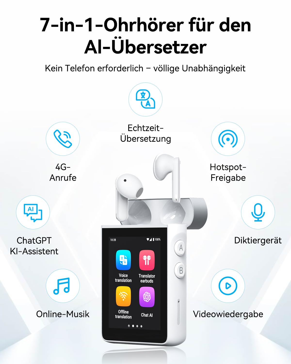 Wooask A9 KI-Übersetzer & Übersetzer-Kopfhörer, Eigenständiges Sprachübersetzungsgerät mit KI-Assistent, Echtzeit-, Foto- & Offline-Übersetzung für 144 Sprachen, Optional 4G mit WLAN-Hotspot (Weiß)