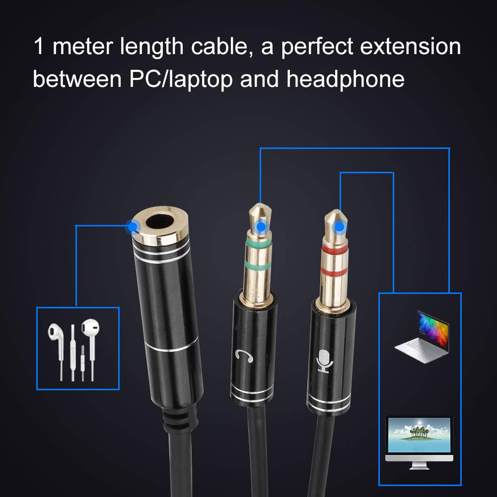 Tonysa Przedłużacz słuchawek 3,5 mm żeński na podwójny 3,5 mm męski rozdzielacz słuchawek mikrofon kabel do słuchawek adapter linii do gier muzycznych połączeń głosowych