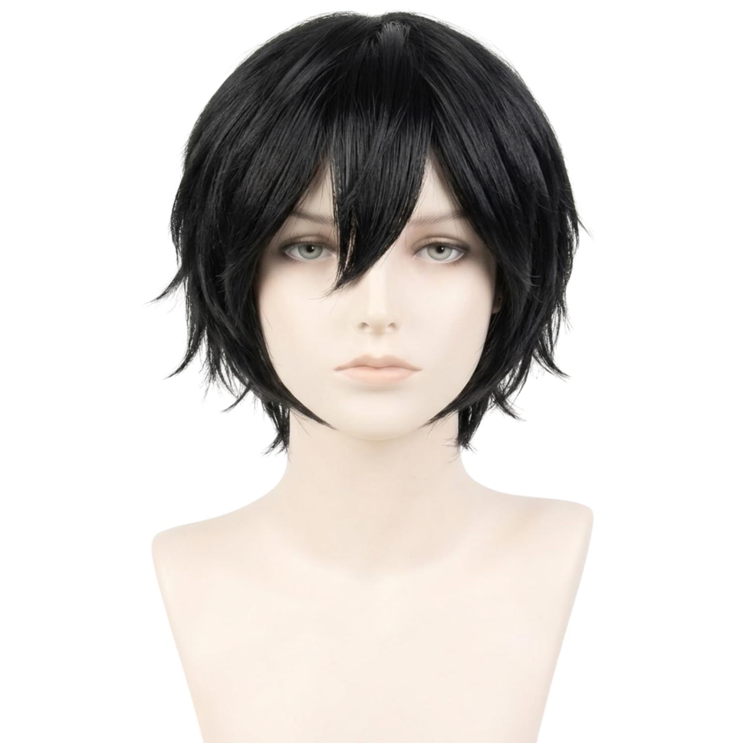 Short Black Wigs for Men Emo Wig Party Wigs Peluca Negra Spiky Fluffy Cosplay Anime Hair Wig with Cap for Halloween Christmas Costume
