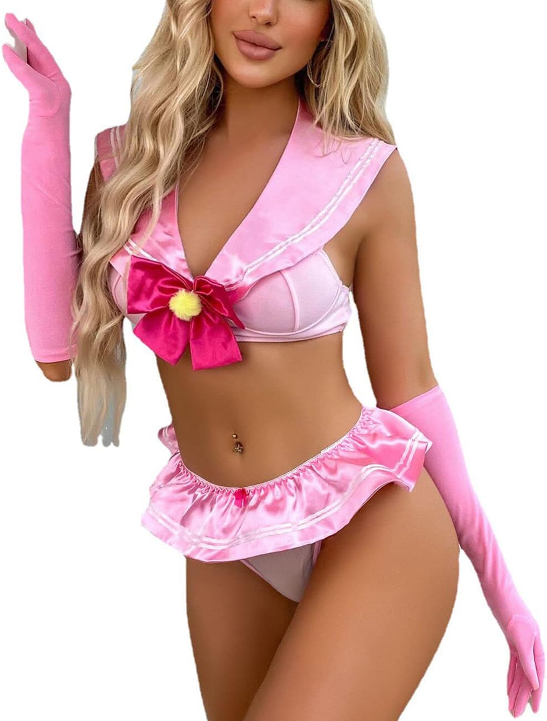 ROSVAJFY Women's Naughty Cosplay Outfits Deep V, Sexy Mini Sailor Roleplay Costume, Anime Cosplay Lingerie Set 4PCs, Sailor Collar Top+Mini Skirt+Thong+Gloves (Pink)