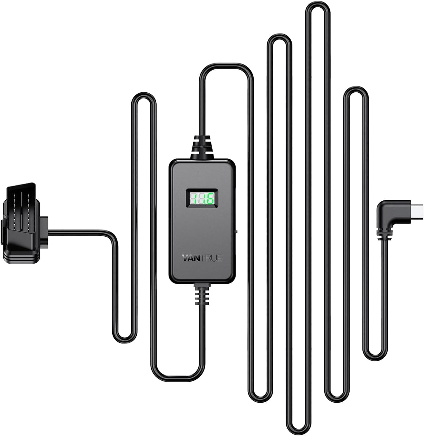 VANTRUE USB-C OBD Hardwire avec écran, 3 Niveaux de Protection Basse Tension 11,6/23,6V, 12/24V, 12,4/24,4V à 5V, 24 Heures de Surveillance au Parking pour Dashcam N5/N4P/N4/N2S/S1 PRO/N2P/E1/E2/E3