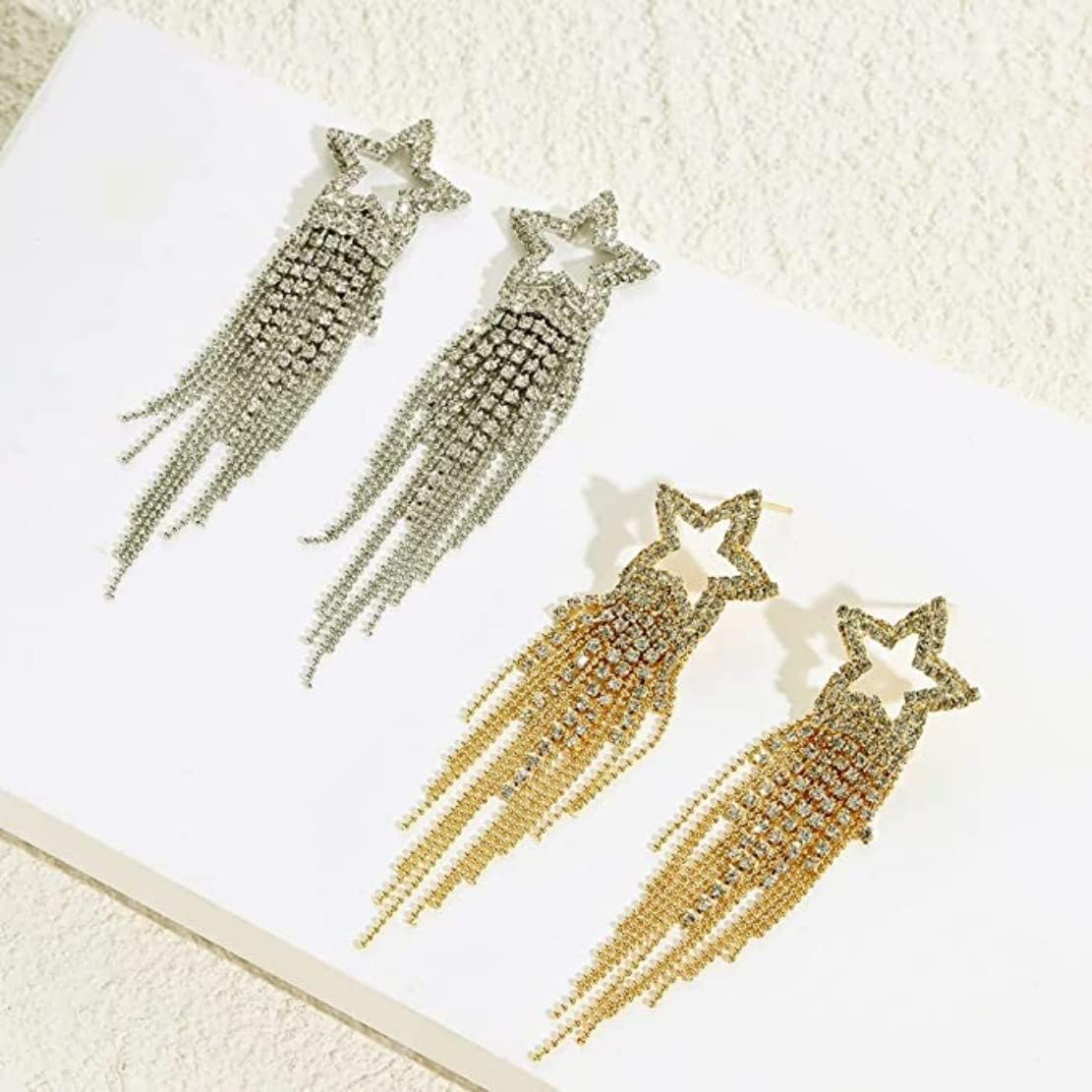 Star Tassel Earrings Star Bead Trassel Earrings Long Star Tassel Dangle Earring Ear Stud Pave Crystal Dangle Earrings - Image 3