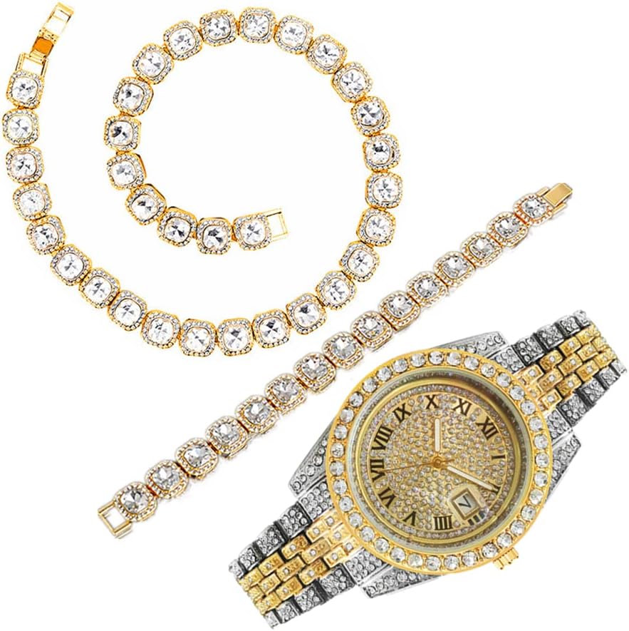 3PC 18KT Men's Watch Set Iced Out Hip Hop Luxury Micro Pave 3 Pieces Set Includes Necklace Bracelet & Watch Tennis Chain Bling Bling Watches for Men Women