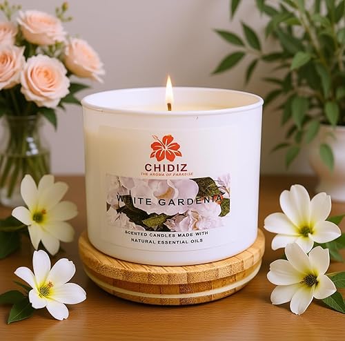 CHIDIZ White Gardenia Vela perfumada 100% soja de 10.5 onzas, vela grande en tarro de 3 mechas  Hasta 50 horas de tiempo de combustión  Vela