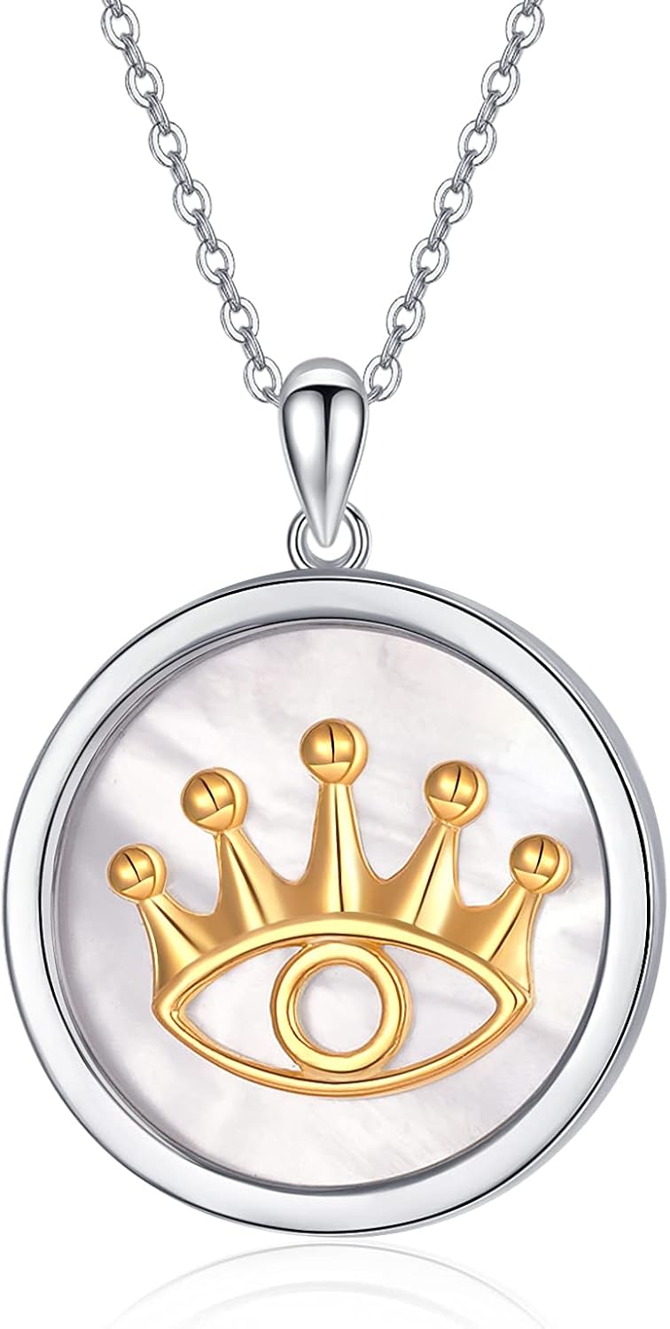 TANGPOET 925 Sterling Silver Mother of Pearl Round Pendant Necklace Royal Crown Necklace Jewellery Gift for Women Girls Birthday