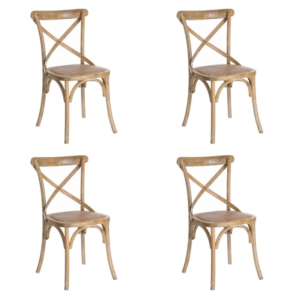 4 sillas de comedor Aspas de madera de olmo marrón y asiento de ratán | Respaldo cruzado. Diseño icónico retro. Asiento de ratán trenzado en tono natural. Patas con topes antiarañazos. No apilable.