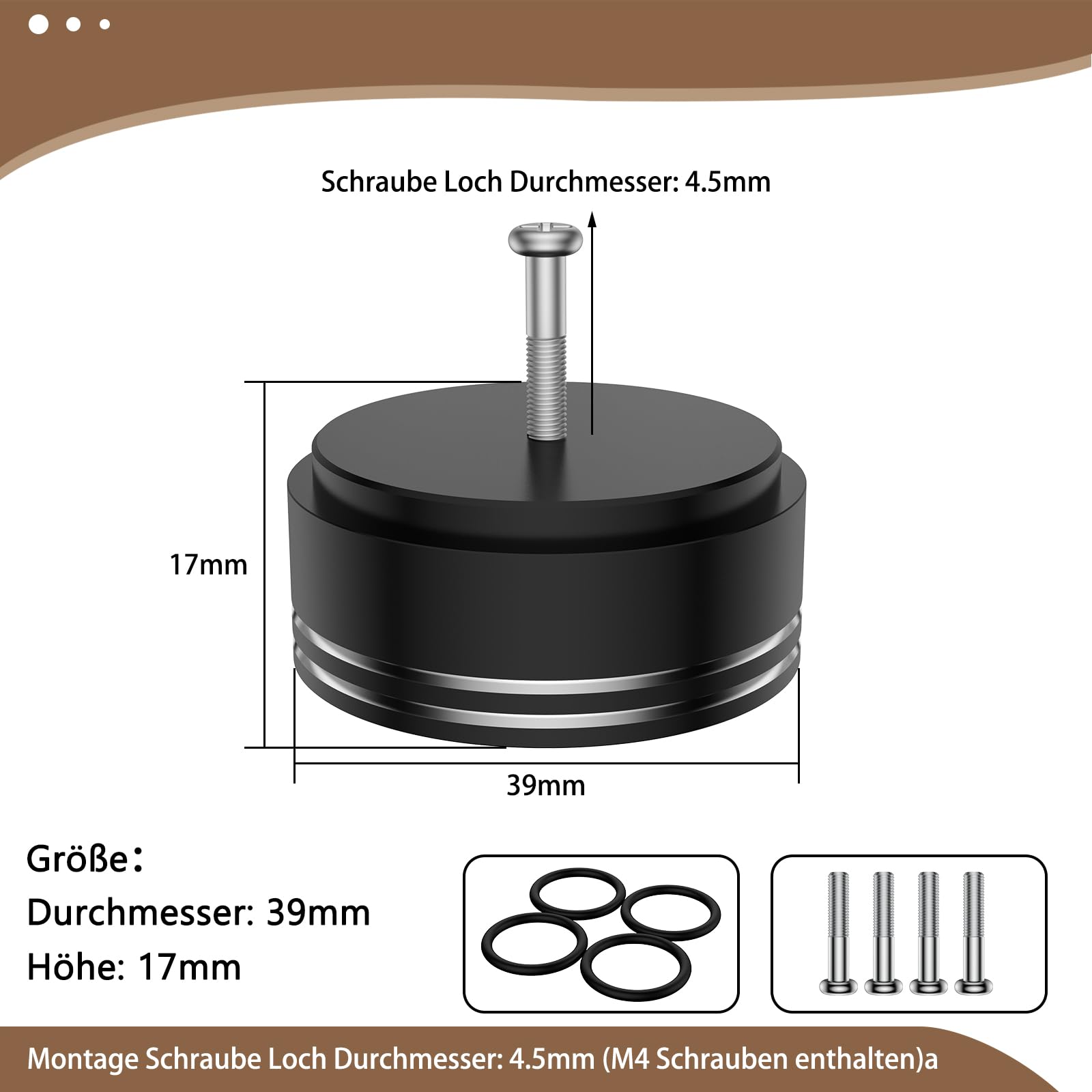 Tertullus 4 aluminiowe nóżki do urządzeń HiFi 39 mm × 17 mm czarne śruby głośnik, absorber subwoofer, nóżki z 4 śrubami do urządzeń Hi-Fi