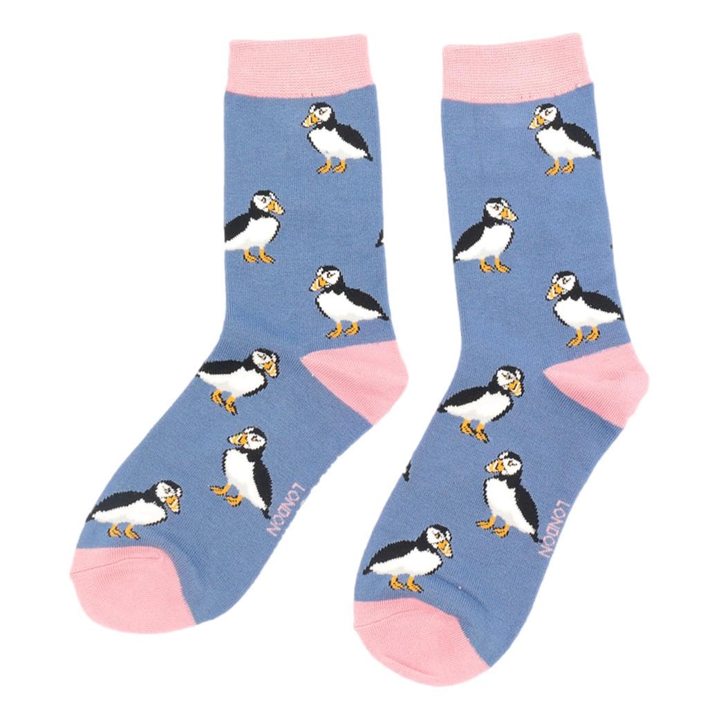 Miss Sparrow Women's Multicoloured Cute Puffins On Denim Blue Socks