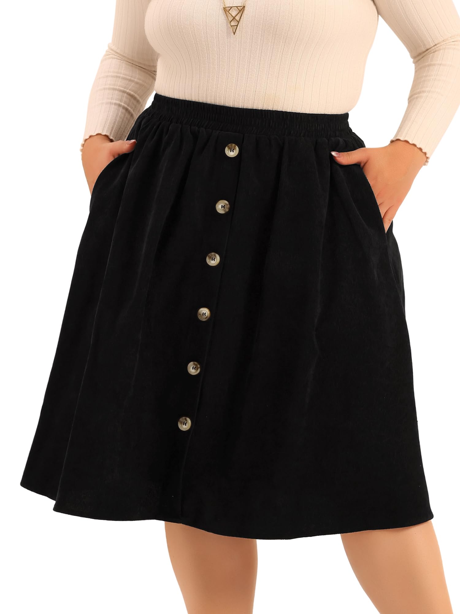 Agnes Orinda Midi-Röcke aus Cord für Damen, Übergröße, elastisch, hohe Taille, Knopfleiste vorne, A-Linien-Rock mit Taschen