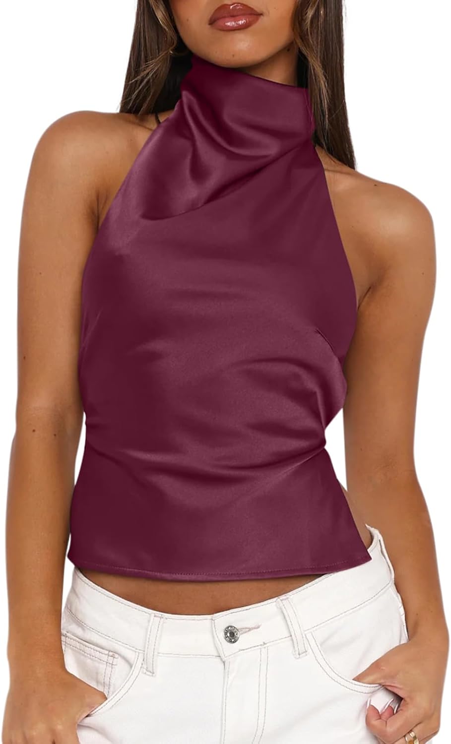 Womens Sexy Backless Silk Satin High Halter Top Sleeveless Adjustable Back Ties Y2K...