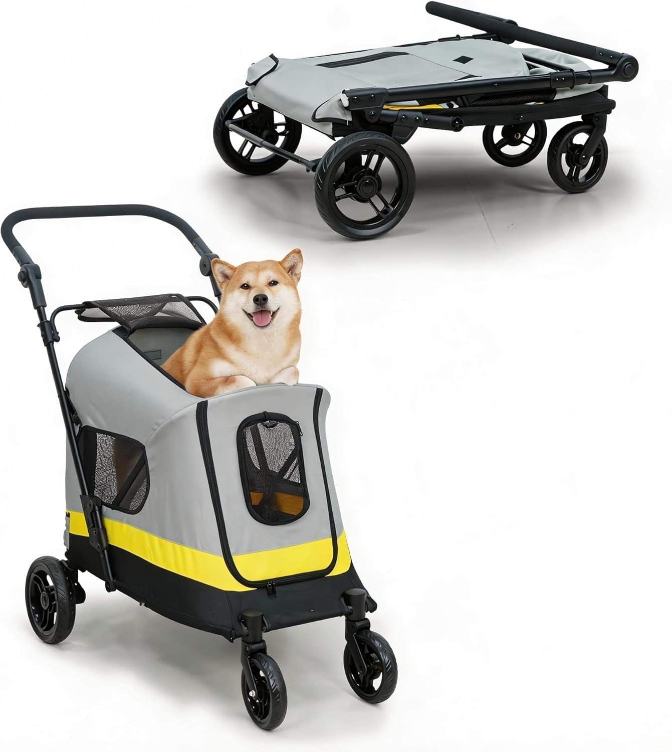 BingoPaw Carro Perro Pequeño Mediano: Carrito para Perros Paseo Plegable Cochecito para Perros con Ruedas Amortiguadora con Frenos Puertas Frontal y Trasera, 102x62x73cm