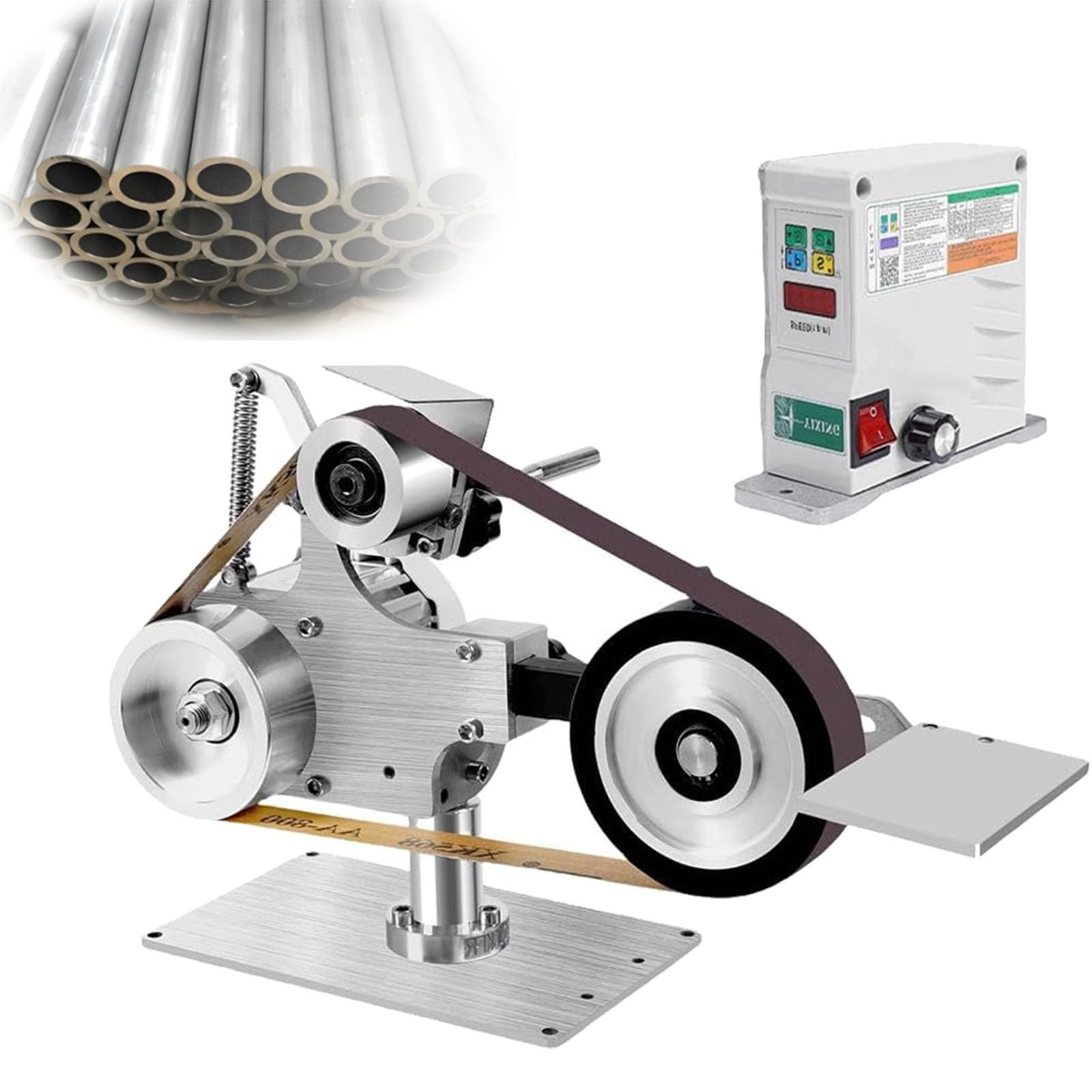 Lijadora de banda de 2,5 x 76 cm con bandas de lijado de grano 60/800 for afilar y pulir con precisión. Motor CC sin escobillas de 550 W. Ideal for fabricación de cuchillos, modelismo, joyería y metal