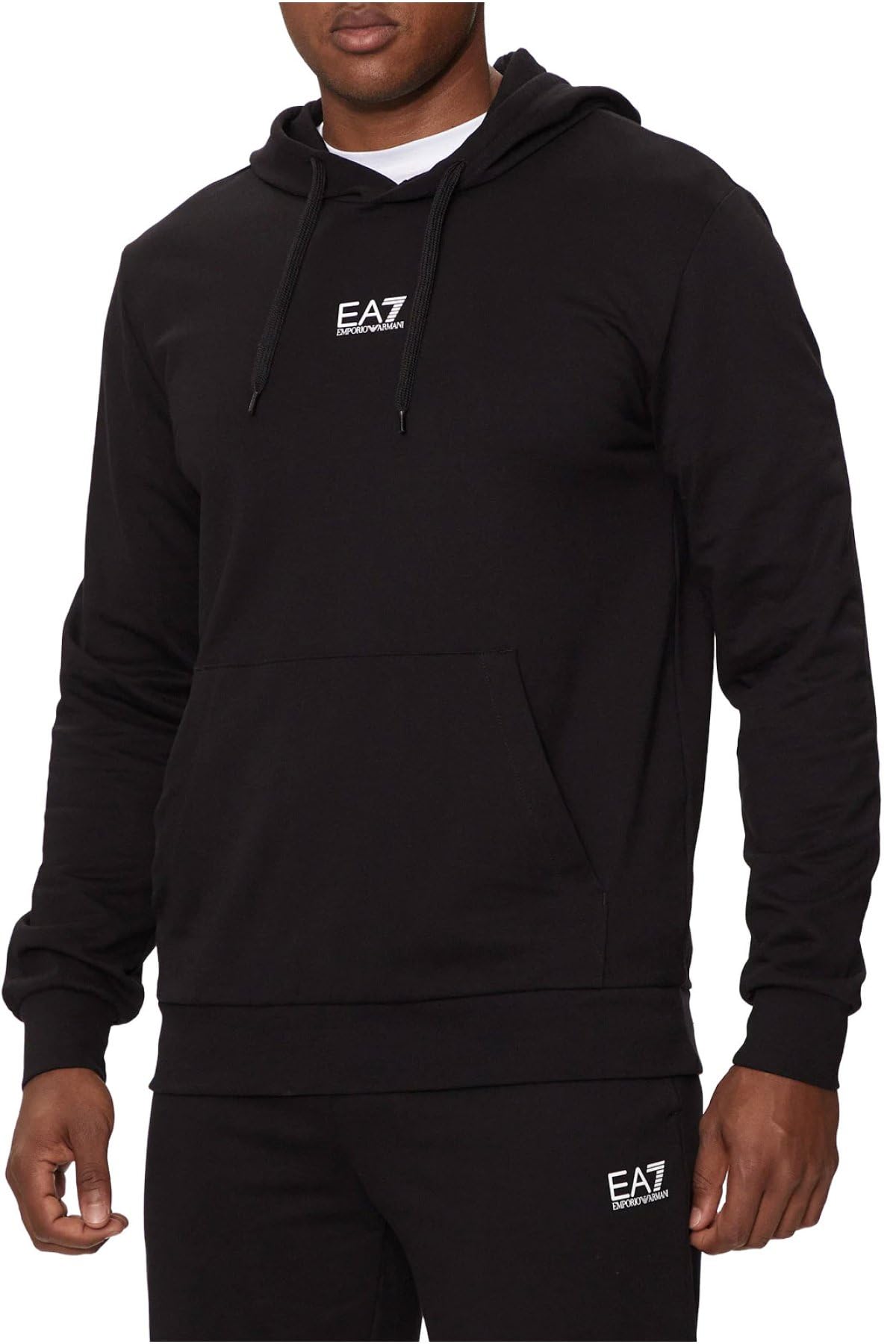 EA7 Men's Jersey Pullover Hoodie, Black/White, L